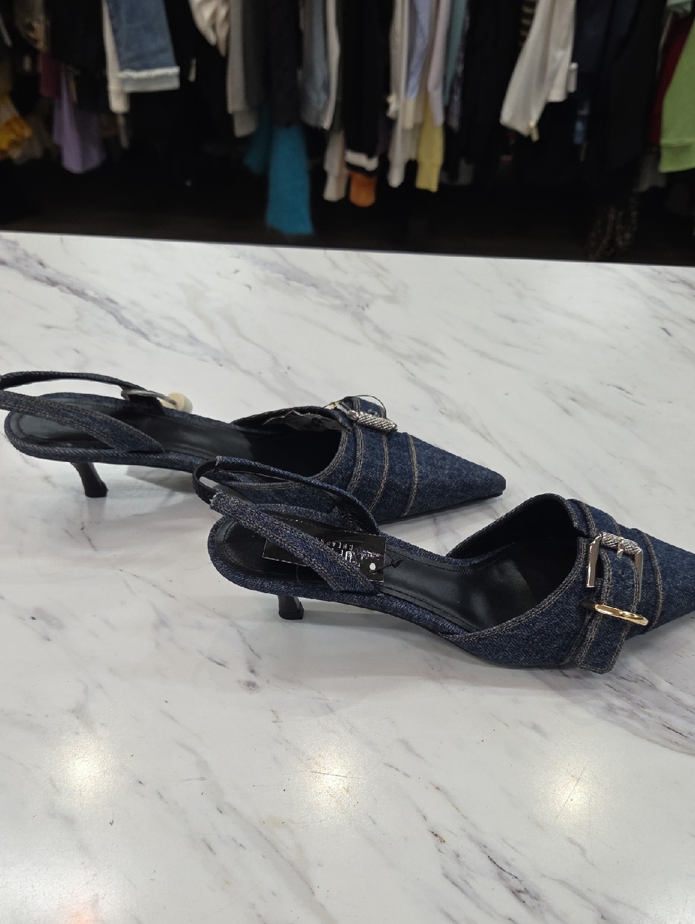 Givenchy Dark Denim Pointed Slingback Kitten Heels with Buckle
